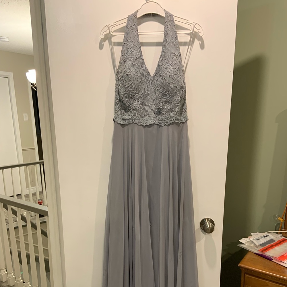 Periwinkle bridesmaid floor length gown